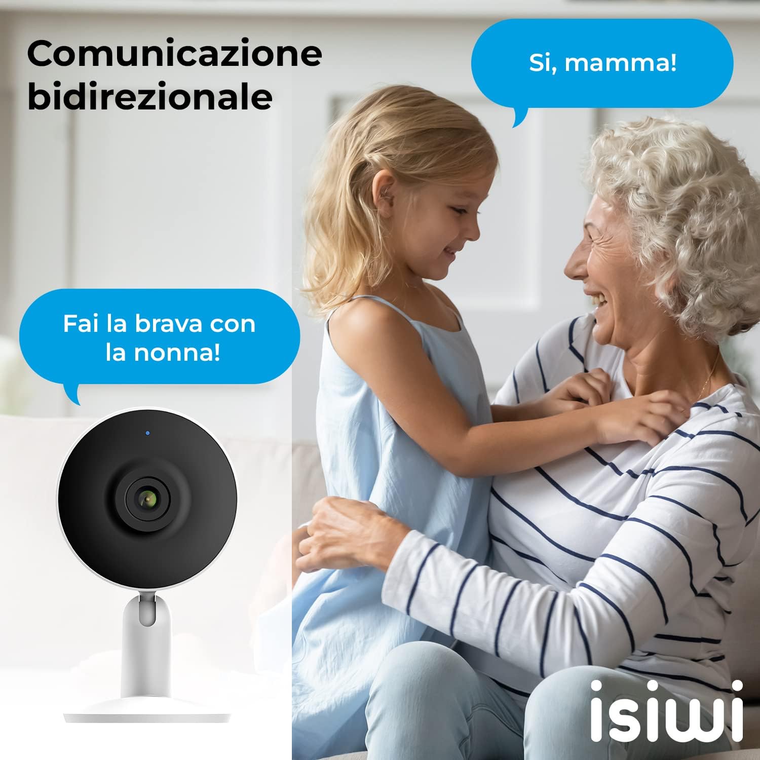 Isiwi Tini Telecamera IP wiFi interno sorveglianza. Rilevazione di movimenti e suoni, Audio bidirezionale,Visione Notturna, Compatibile con Alexa/Google, App per smartphone, 4MP (ISW-BFIT4M