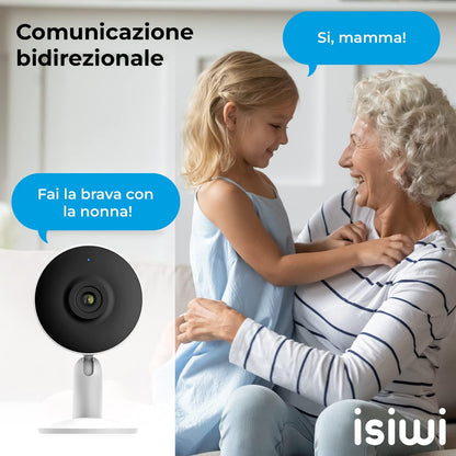 Isiwi Tini Telecamera IP wiFi interno sorveglianza. Rilevazione di movimenti e suoni, Audio bidirezionale,Visione Notturna, Compatibile con Alexa/Google, App per smartphone, 4MP (ISW-BFIT4M