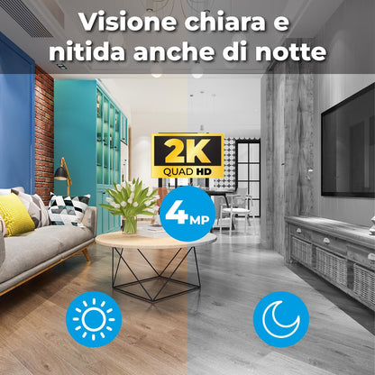 Isiwi Round Telecamera WiFi IP 4MP interno PT motorizzata panoramica 355° sorveglianza domestica baby monitor Visione Notturna, rilevamento movimenti e suoni, audio bidirezionale SD/Cloud Alexa/Google
