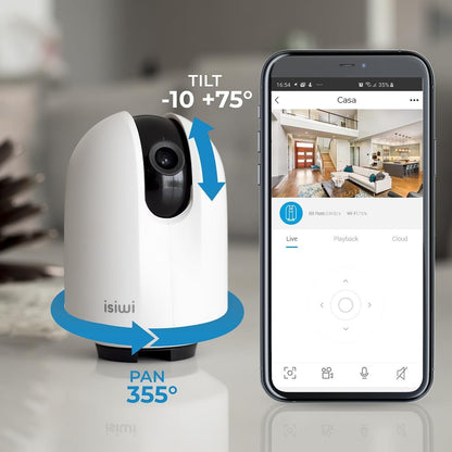 Isiwi Round Telecamera WiFi IP 4MP interno PT motorizzata panoramica 355° sorveglianza domestica baby monitor Visione Notturna, rilevamento movimenti e suoni, audio bidirezionale SD/Cloud Alexa/Google