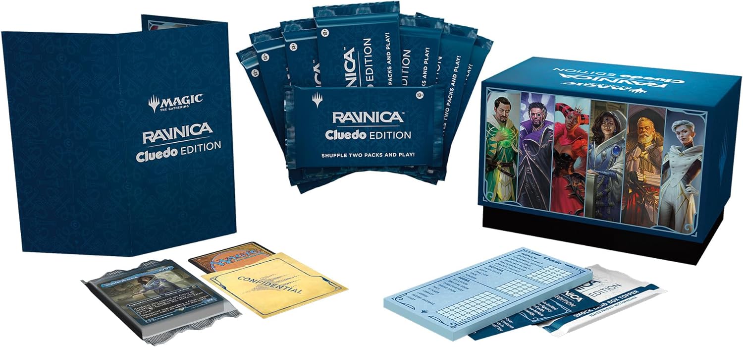 Magic: The Gathering Ravnica: Cluedo Edition - 3-4 Player Murder Mystery Card Game (Includes 8 Ready-to-Play Boosters, 21 Evidence Cards, 1 Foil Shock Land, and Detective Game Accessories