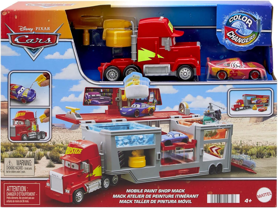 Mattel Disney and Pixar Cars Transforming Truck & Toy Car Playset, Color Changers Paint Shop Mack with Detachable Cab, Color Change Lightning McQueen & Accessories, HPD82