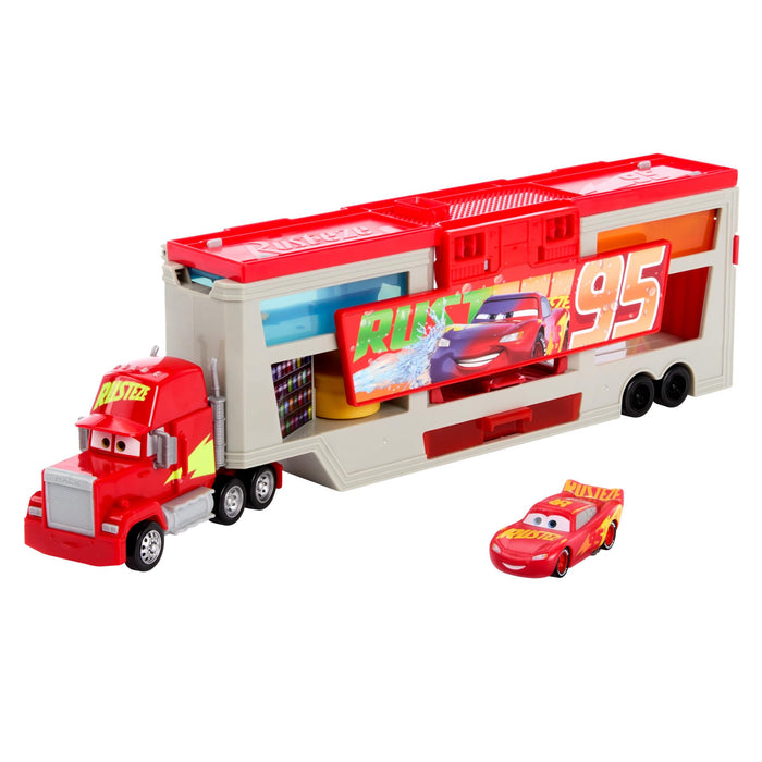 Mattel Disney and Pixar Cars Transforming Truck & Toy Car Playset, Color Changers Paint Shop Mack with Detachable Cab, Color Change Lightning McQueen & Accessories, HPD82