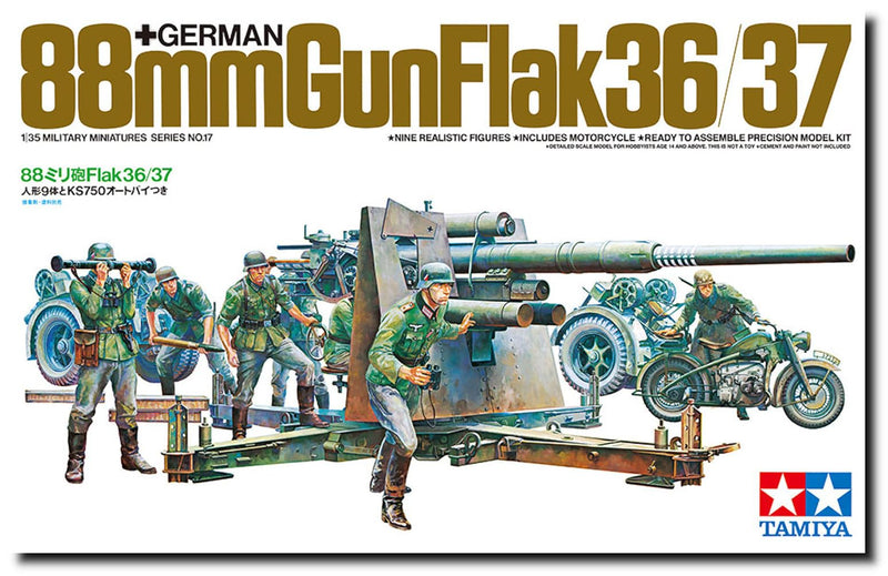 Tamiya 300035017-1:35 WWII Dt. Flak 8.8 mit Motorrad (9