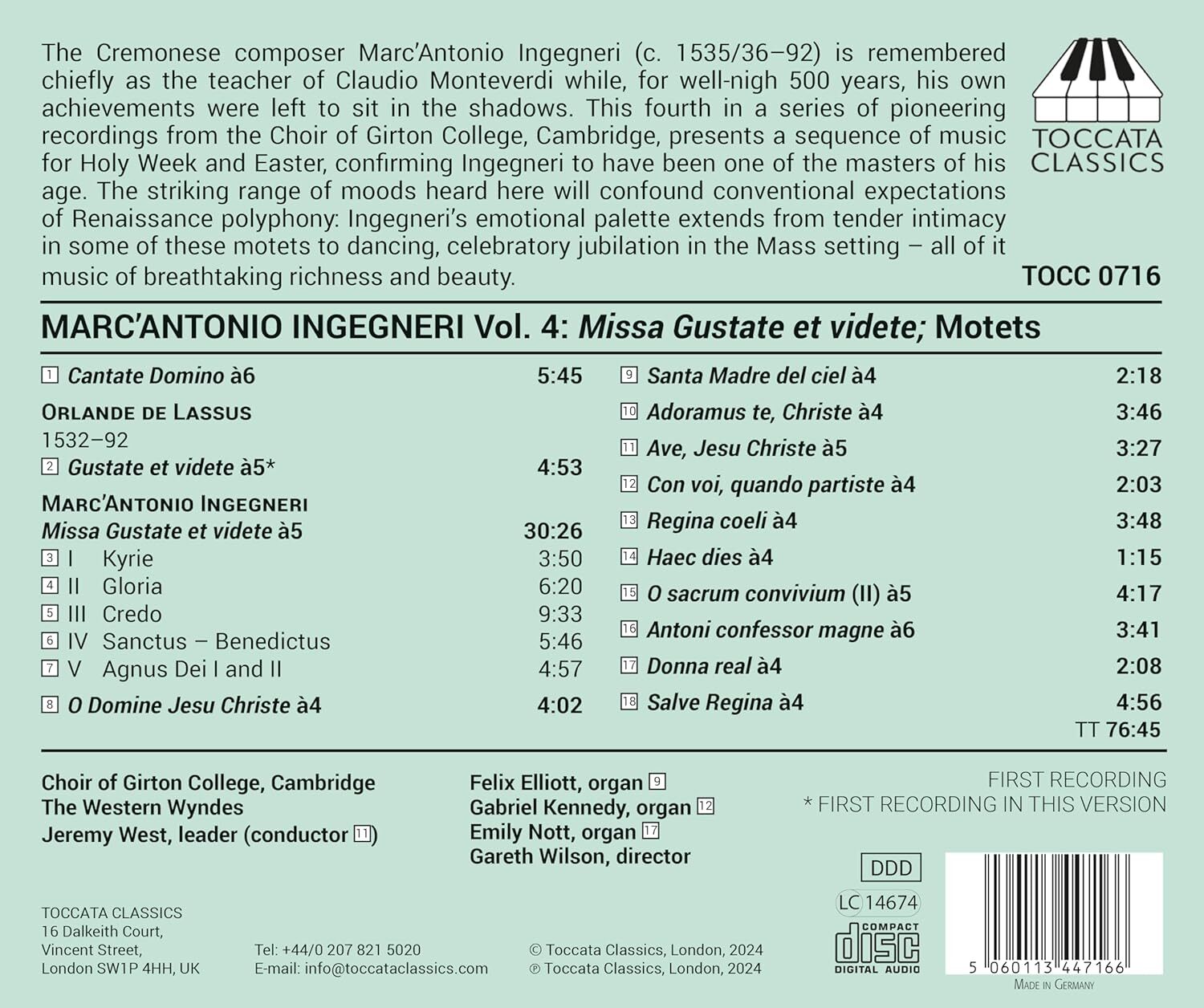 Marc' Antonio Ingegneri: Missa Gustate Et Videte: Motets for Holy Week and Easter - Volume 4