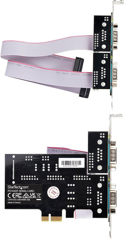 StarTech.com 4-Port Serial PCIe Card, Quad-Port PCI Express to RS232/RS422/RS485 DB9 Serial Card, Standard/Low-Profile Brackets, 16C1050 UART, ESD Protection, Windows/Linux (PS74ADF-SERIAL-CARD