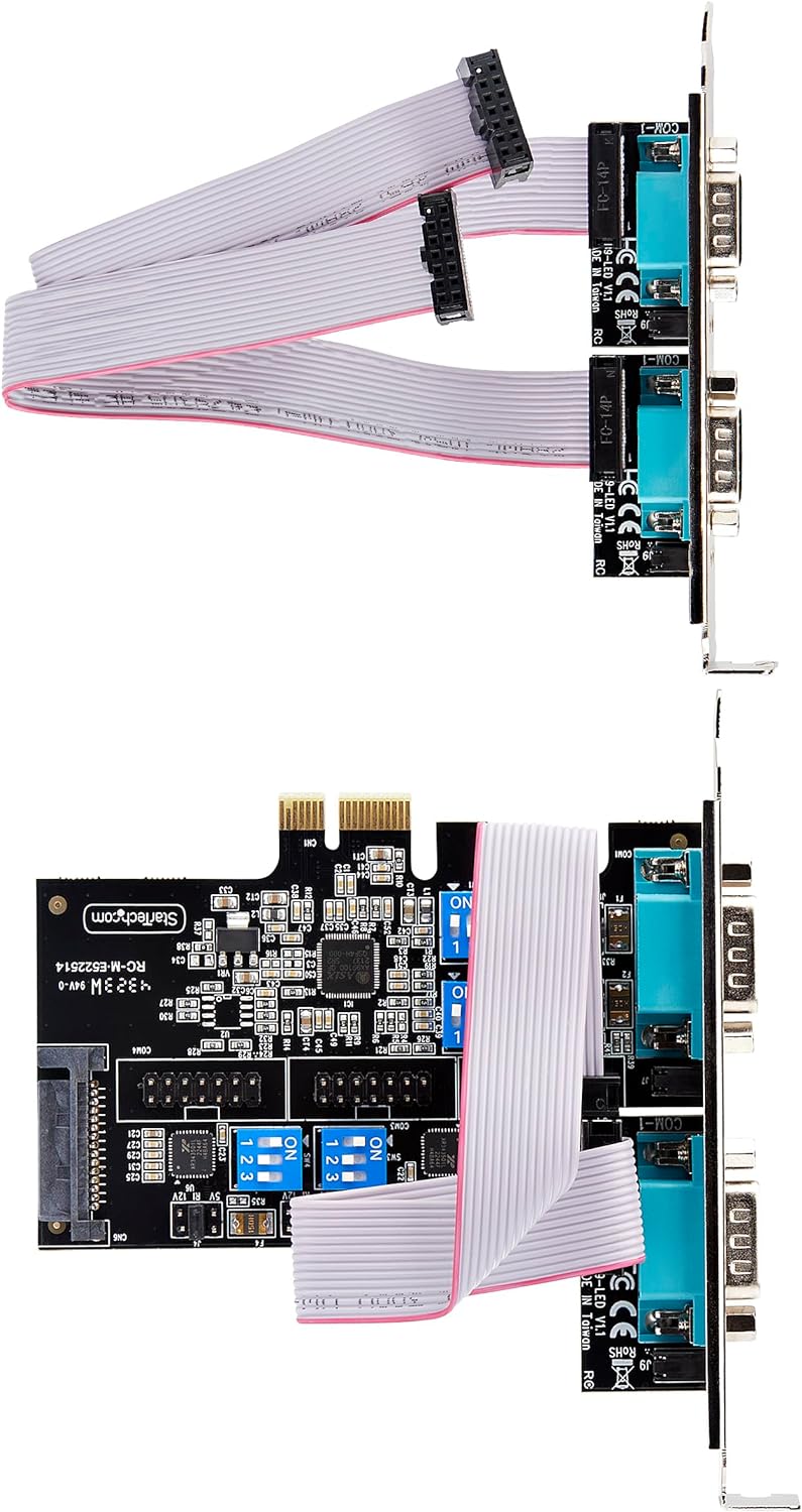 StarTech.com 4-Port Serial PCIe Card, Quad-Port PCI Express to RS232/RS422/RS485 DB9 Serial Card, Standard/Low-Profile Brackets, 16C1050 UART, ESD Protection, Windows/Linux (PS74ADF-SERIAL-CARD