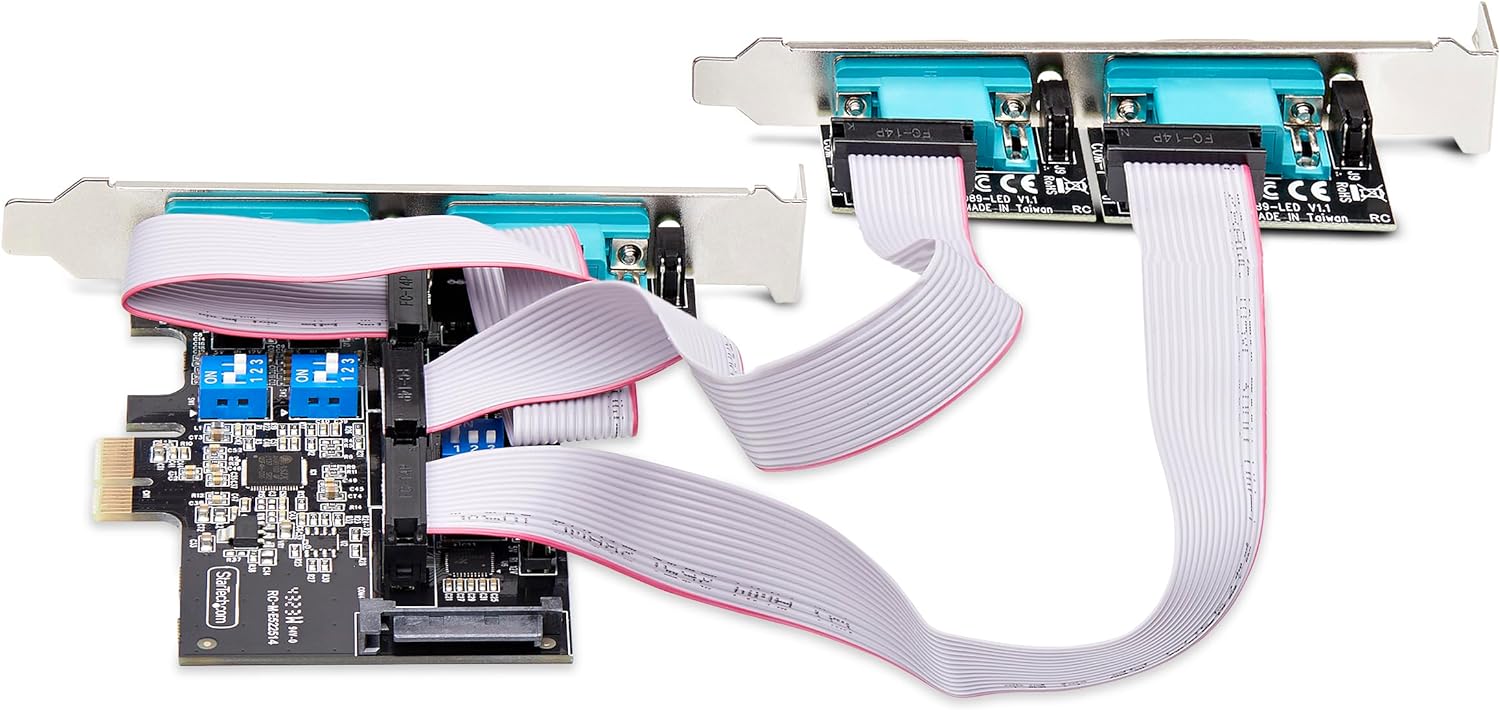 StarTech.com 4-Port Serial PCIe Card, Quad-Port PCI Express to RS232/RS422/RS485 DB9 Serial Card, Standard/Low-Profile Brackets, 16C1050 UART, ESD Protection, Windows/Linux (PS74ADF-SERIAL-CARD