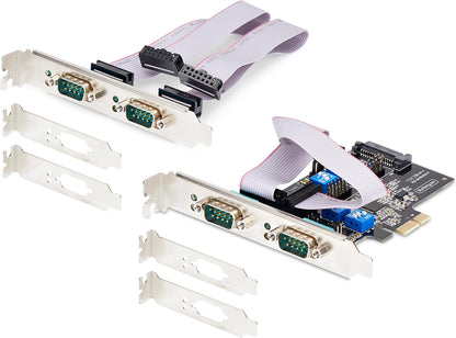 StarTech.com 4-Port Serial PCIe Card, Quad-Port PCI Express to RS232/RS422/RS485 DB9 Serial Card, Standard/Low-Profile Brackets, 16C1050 UART, ESD Protection, Windows/Linux (PS74ADF-SERIAL-CARD