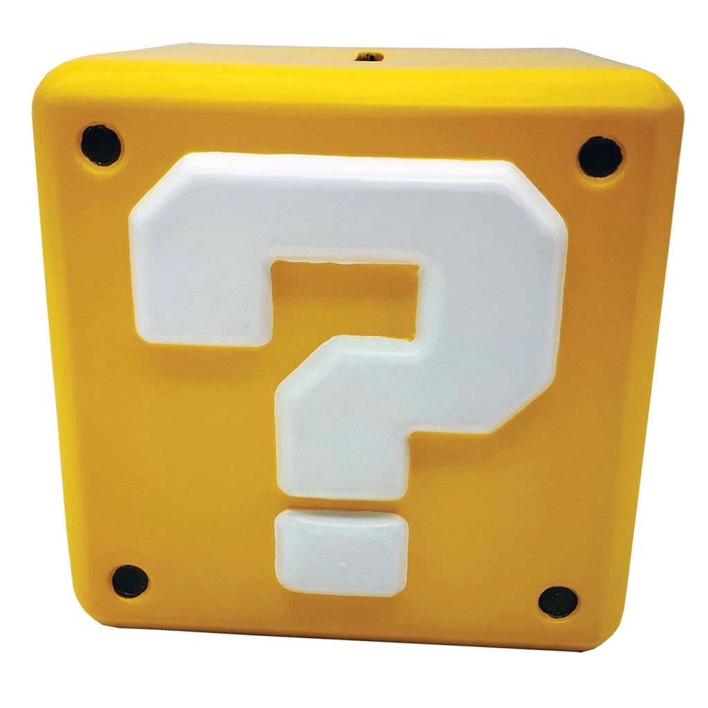 Super Mario Spardose (Fragezeichen-Block-Design), gelbe Mystery-Block-Münzbox, Super Mario Geschenk, H12,3 x B15 x L15 cm Sparschwein – offizielles Merchandise