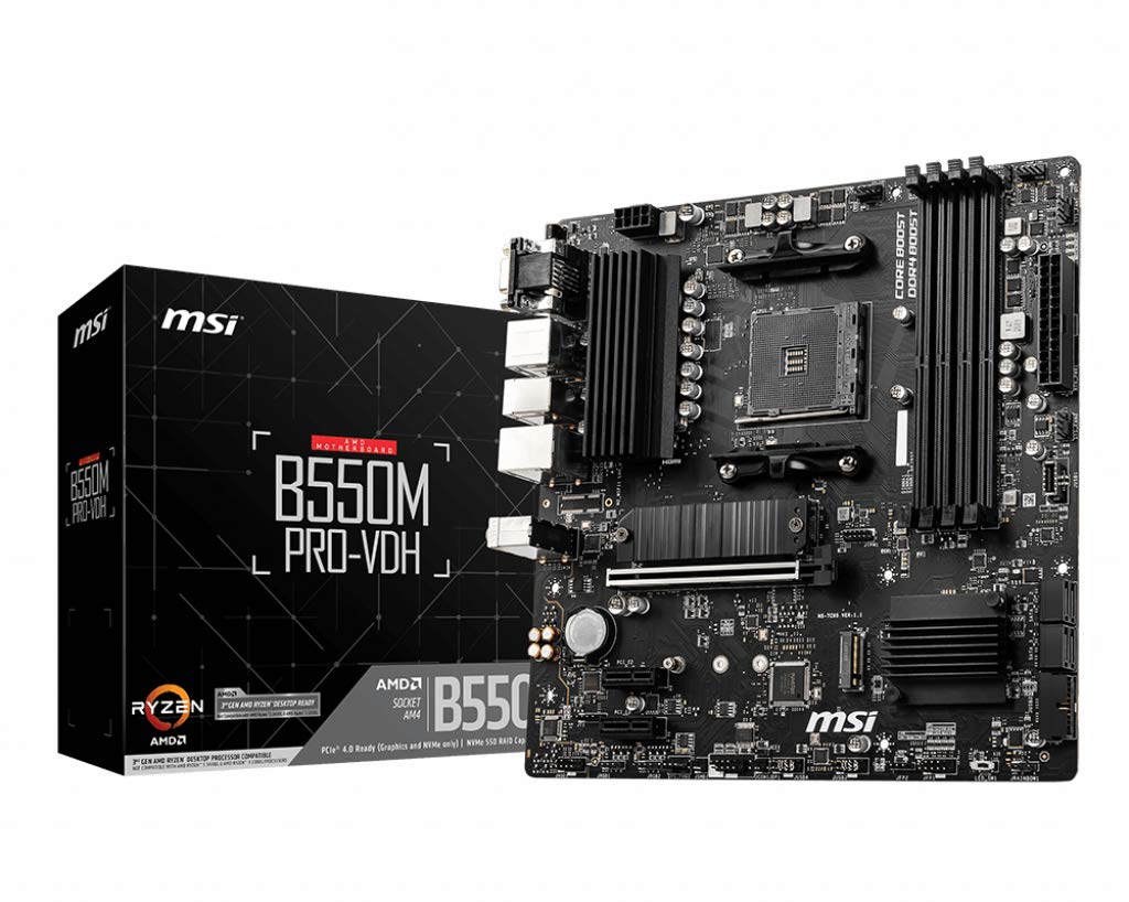 MSI B550M PRO-VDH Motherboard M-ATX - Supports AMD Ryzen 3rd Gen Processors, AM4, DDR4 Boost (4400MHz/OC), 1 x PCIe 4.0/3.0 x16, 1 x M.2 Gen4 x4, 1 x M.2 Gen3 x4, Gigabit LAN