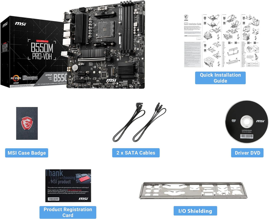 MSI B550M PRO-VDH Motherboard M-ATX - Supports AMD Ryzen 3rd Gen Processors, AM4, DDR4 Boost (4400MHz/OC), 1 x PCIe 4.0/3.0 x16, 1 x M.2 Gen4 x4, 1 x M.2 Gen3 x4, Gigabit LAN