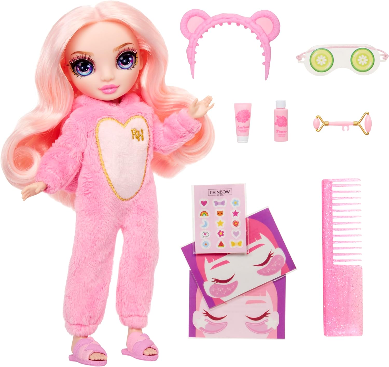 Rainbow High Junior High PJ Party - Bella (Roze) - 22 cm Beweegbare Pop met Zachte Onesie, Slippers en Speel Accessoires - Kinderspeelgoed - Geweldig voor Leeftijden 4-12 Jaar