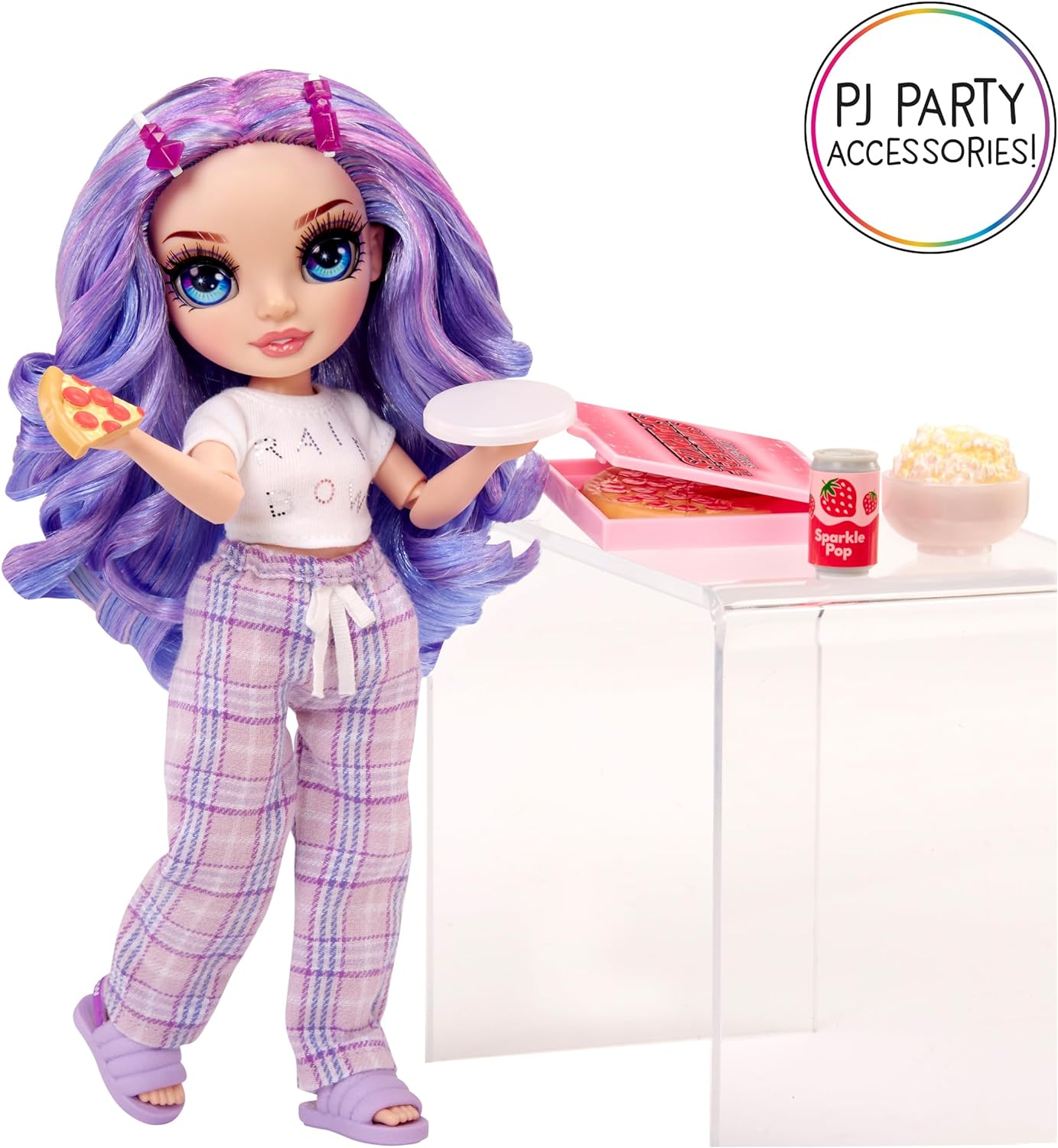 Rainbow High Junior High PJ Party - Violet (Purple) - 22 cm Posable Doll with Soft Onesie, Slippers and Play Accessories - Kids Toy - Great for Ages 4-12 Years