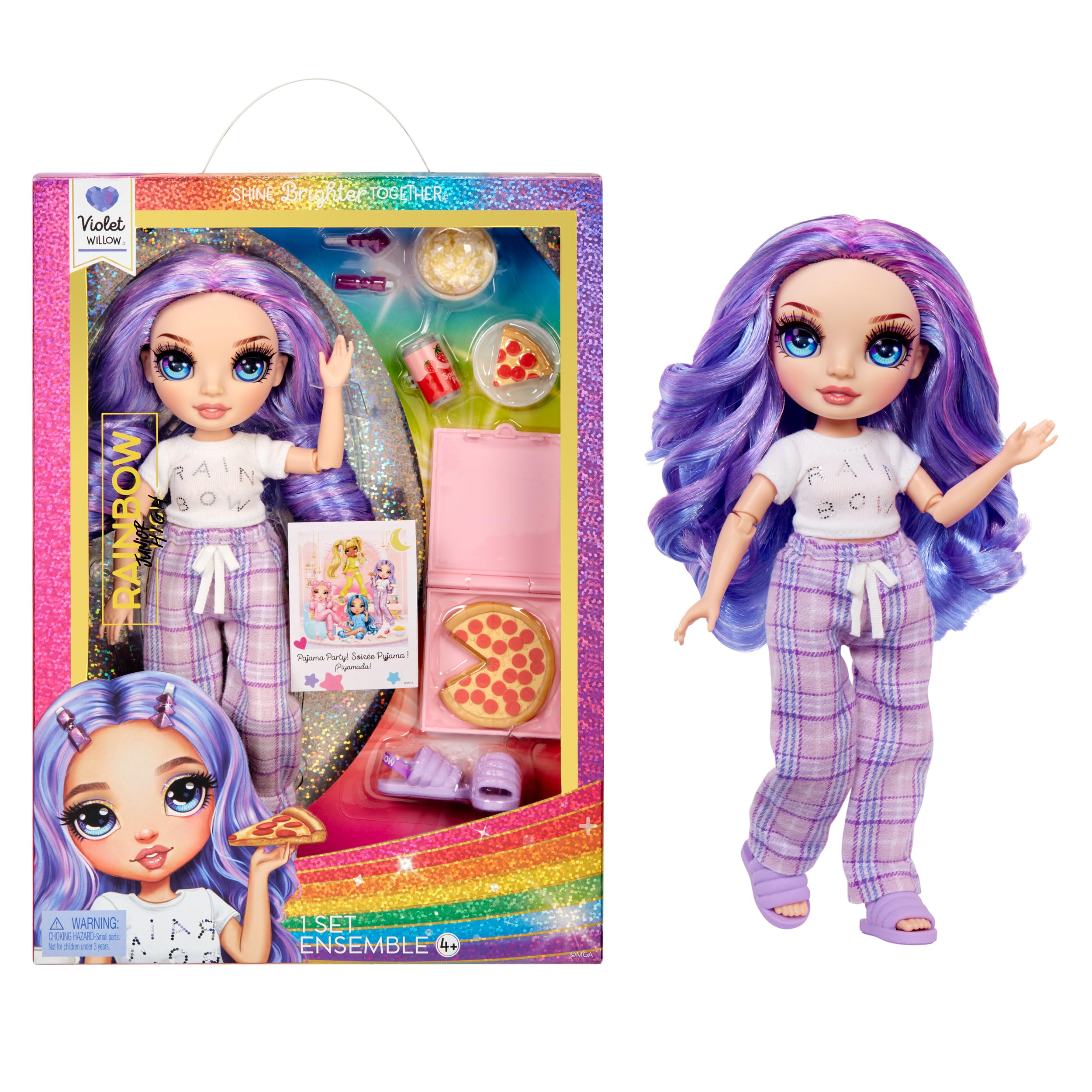 Rainbow High Junior High PJ Party - Violet (Purple) - 22 cm Posable Doll with Soft Onesie, Slippers and Play Accessories - Kids Toy - Great for Ages 4-12 Years