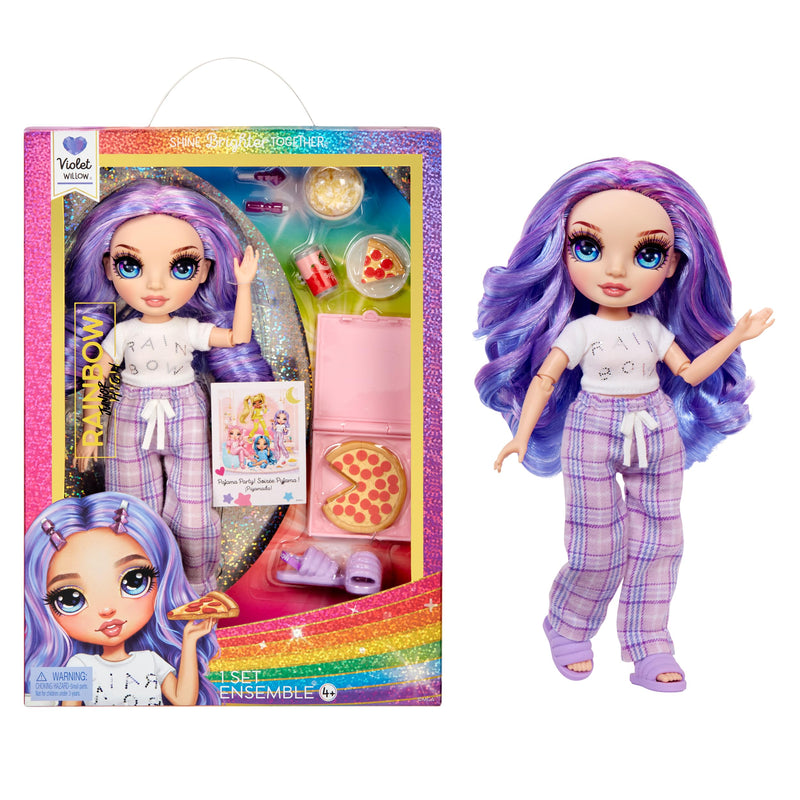 Rainbow High Junior High PJ Party - Violet (Purple) - 22 cm Posable Doll with Soft Onesie, Slippers and Play Accessories - Kids Toy - Great for Ages 4-12 Years