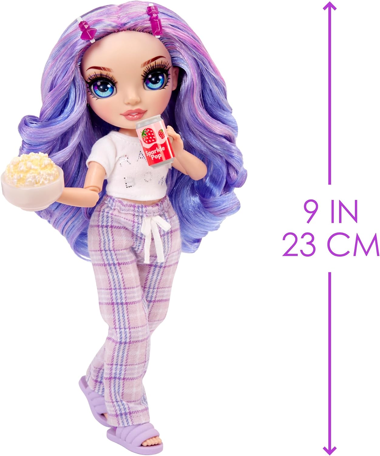 Rainbow High Junior High PJ Party - Violet (Purple) - 22 cm Posable Doll with Soft Onesie, Slippers and Play Accessories - Kids Toy - Great for Ages 4-12 Years