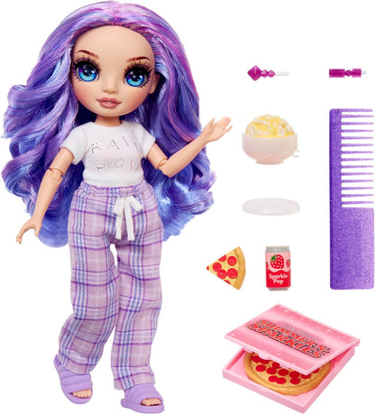 Rainbow High Junior High PJ Party - Violet (Purple) - 22 cm Posable Doll with Soft Onesie, Slippers and Play Accessories - Kids Toy - Great for Ages 4-12 Years