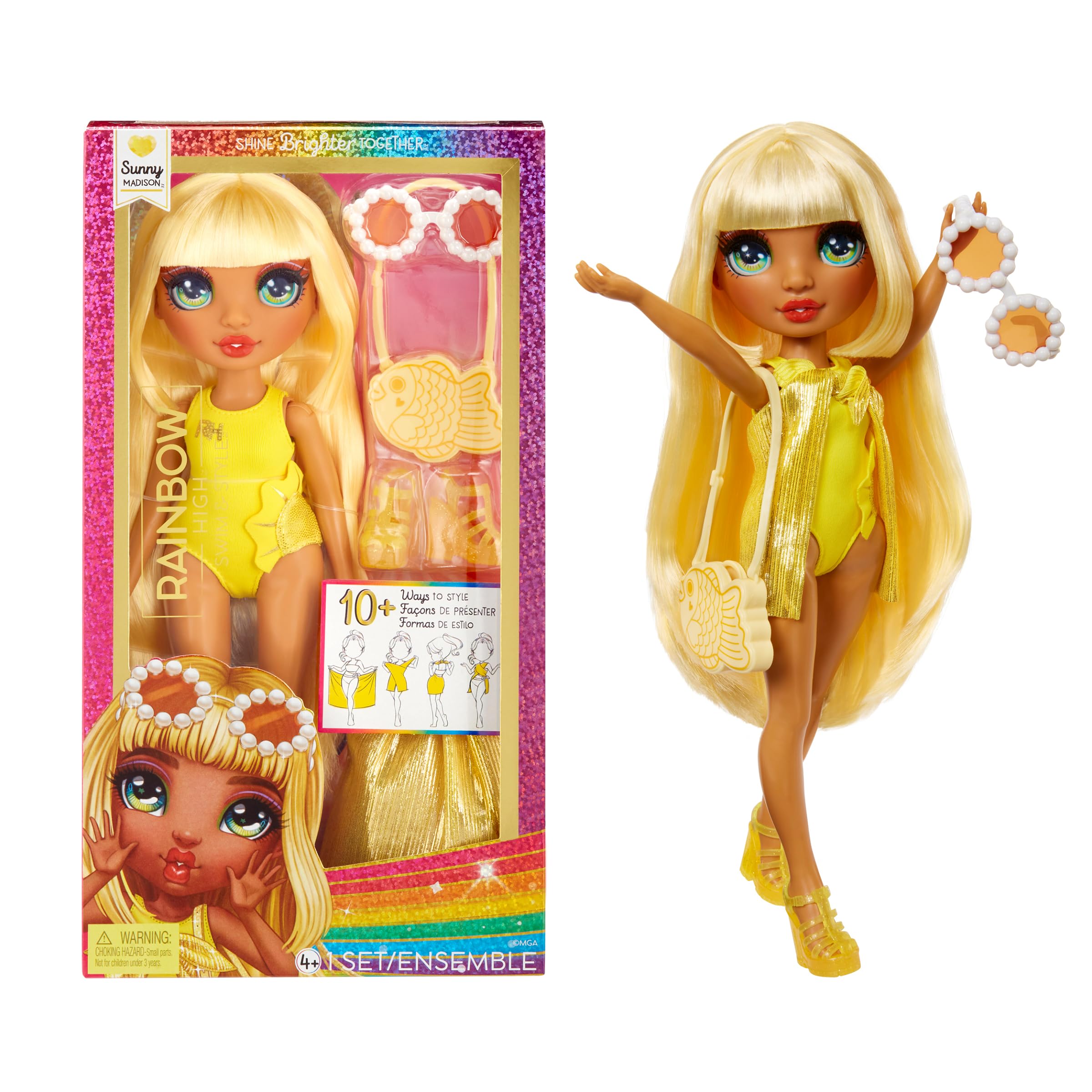 Rainbow High Swim & Style Sunny (Yellow) 11” Doll with Shimmery Wrap to Style 10+ Ways, Removable Swimsuit, Sandals, Fun Play Accessories. Kids Toy Gift Ages 4-12 Years