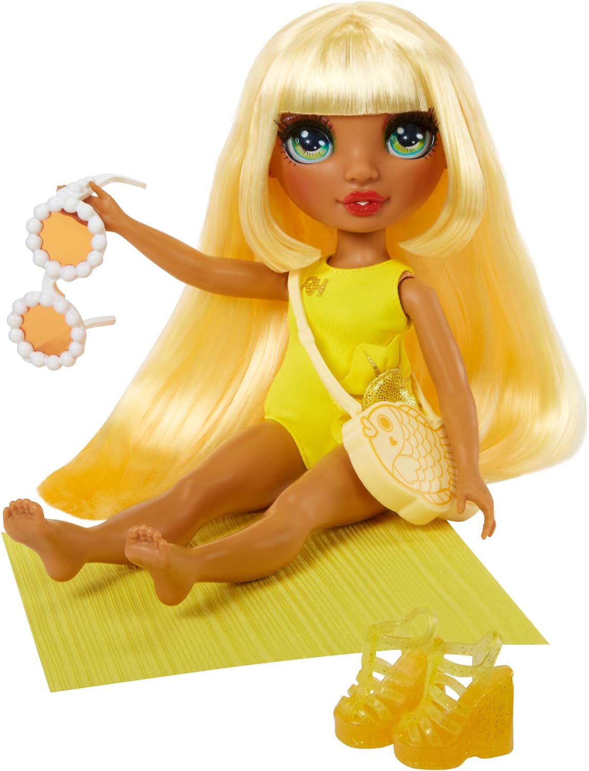 Rainbow High Swim & Style Sunny (Yellow) 11” Doll with Shimmery Wrap to Style 10+ Ways, Removable Swimsuit, Sandals, Fun Play Accessories. Kids Toy Gift Ages 4-12 Years