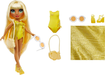 Rainbow High Swim & Style Sunny (Yellow) 11” Doll with Shimmery Wrap to Style 10+ Ways, Removable Swimsuit, Sandals, Fun Play Accessories. Kids Toy Gift Ages 4-12 Years