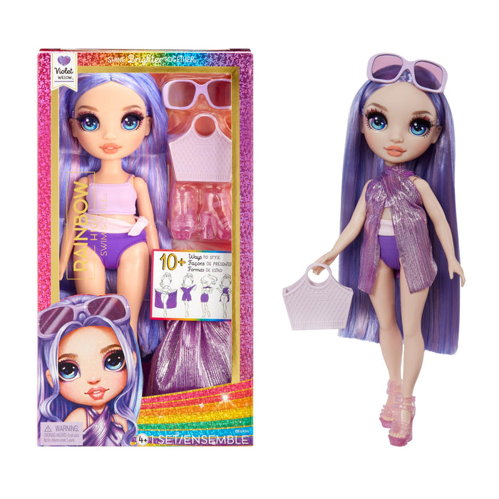 RAINBOW HIGH Swim & Style - Violeta (Morado) - Muñeca de 28 cm con Envoltorio Brillante y +10 Estilos - Traje de Baño Extraíble, Sandalias, Accesorios de Juego - para Niños y Niñas de 4-12 Años
