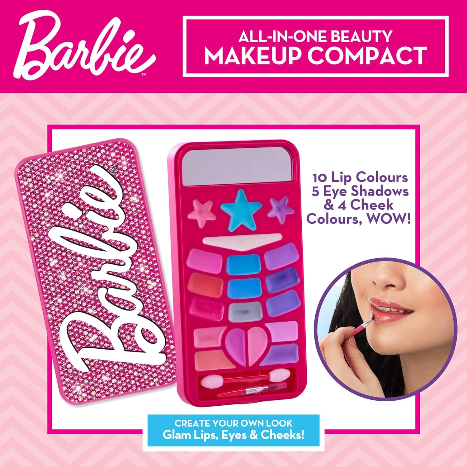 Cra-Z-Art, Barbie All in one Beauty Makeup Compact with 19 on trend colours for cheeks, lips and eyes Official Barbie merchandise