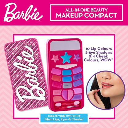 Cra-Z-Art, Barbie All in one Beauty Makeup Compact with 19 on trend colours for cheeks, lips and eyes Official Barbie merchandise