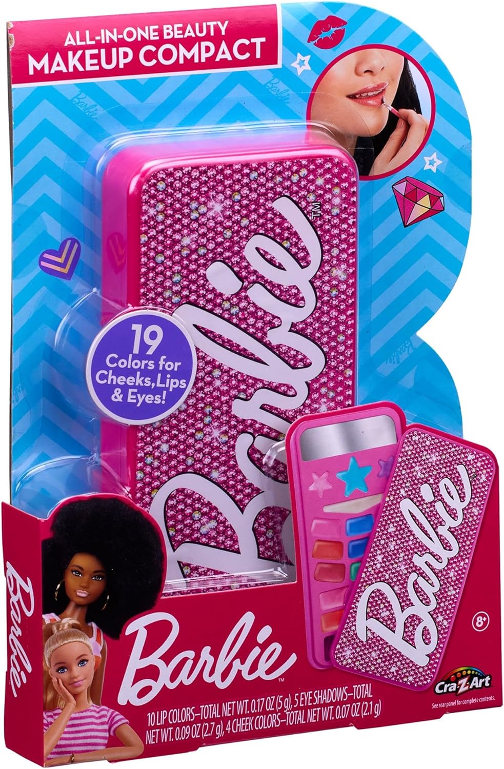 Cra-Z-Art, Barbie All in one Beauty Makeup Compact with 19 on trend colours for cheeks, lips and eyes Official Barbie merchandise
