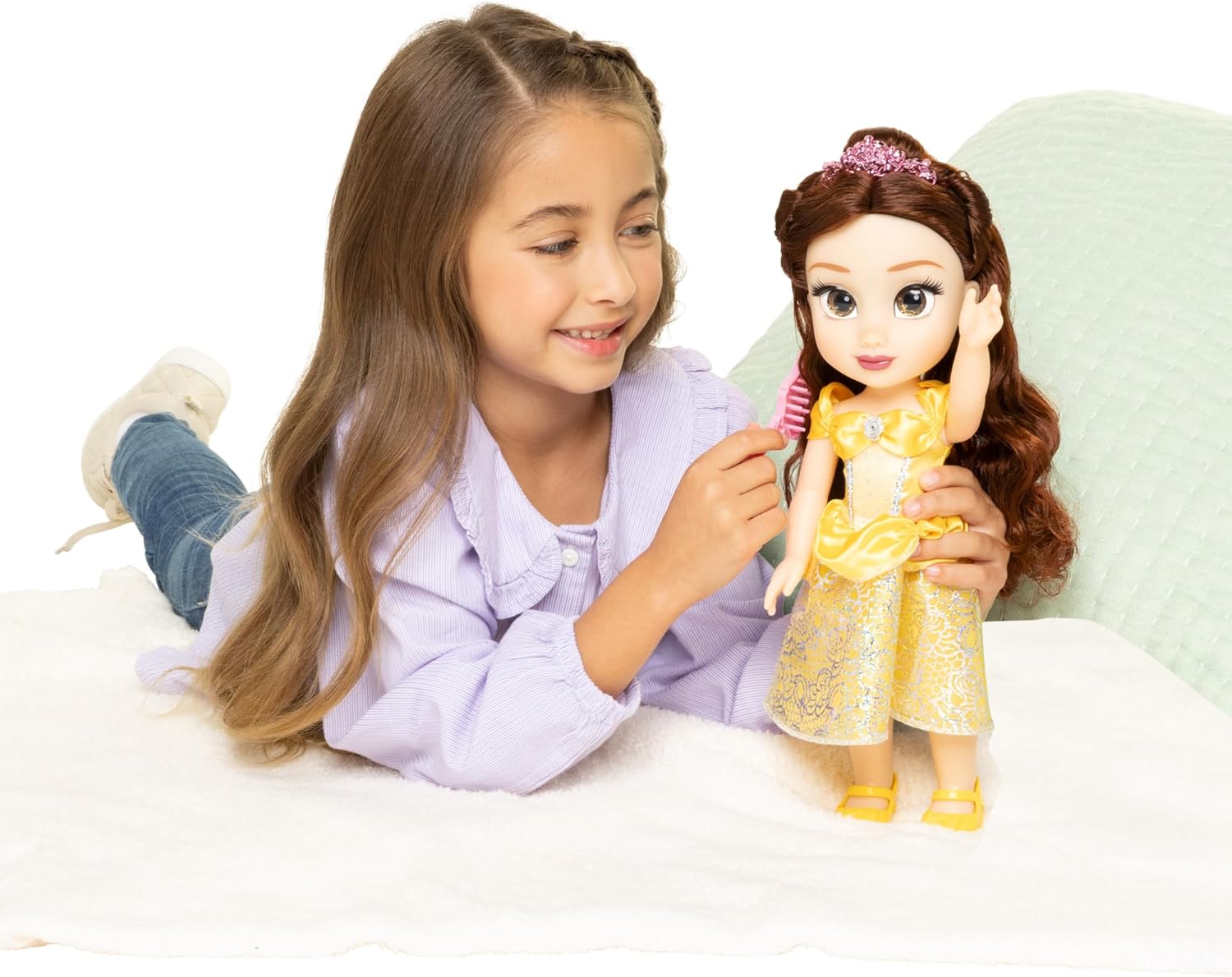 Disney Princess Belle Doll, 14” / 35cm Tall Doll with Royal Reflection Eyes Includes Shimmery Platinum Holofoil Printed Removable Dress, Shoes, Tiara and Brush. Perfect for Girls Ages 3+
