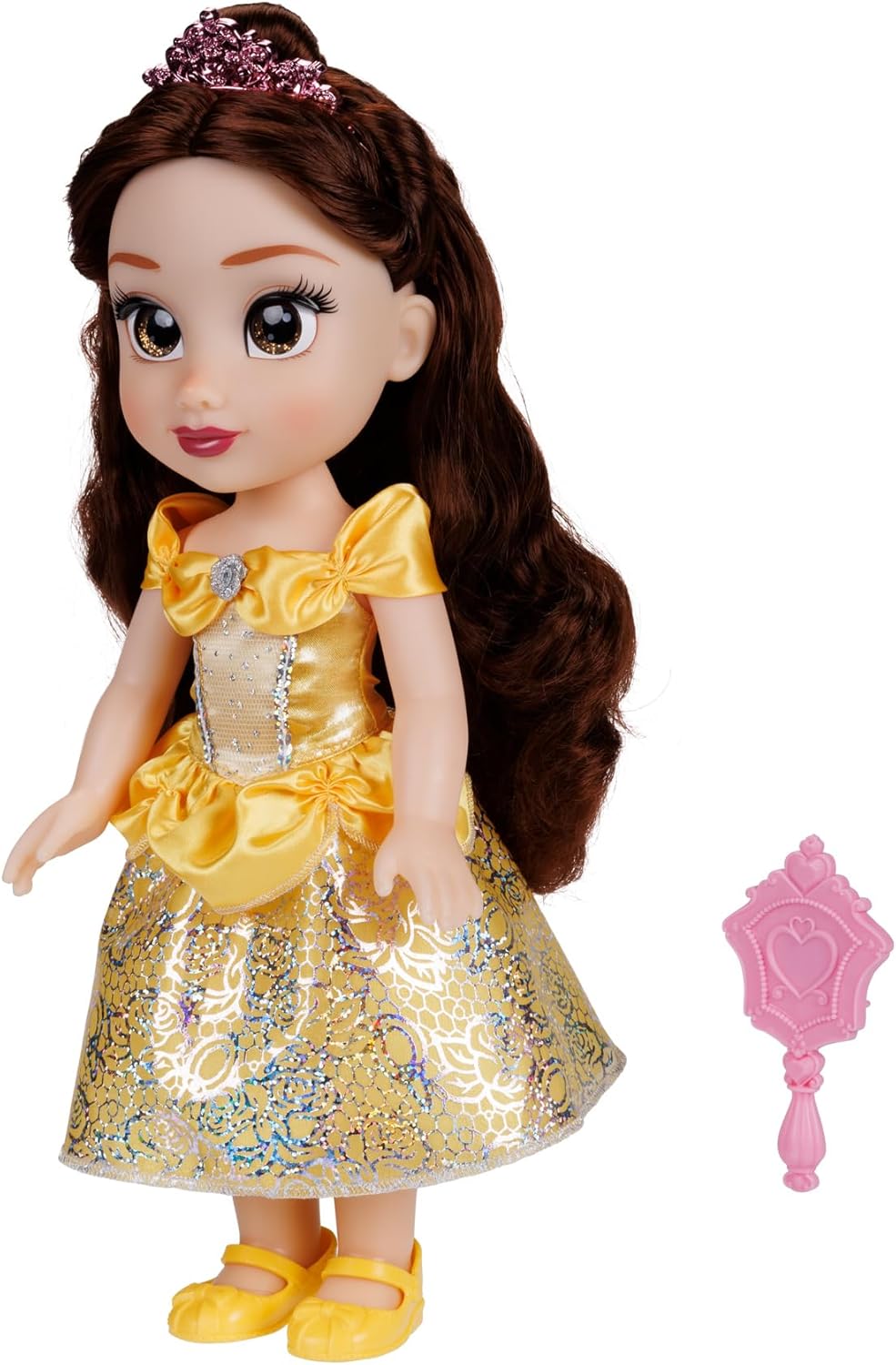 Disney Princess Belle Doll, 14” / 35cm Tall Doll with Royal Reflection Eyes Includes Shimmery Platinum Holofoil Printed Removable Dress, Shoes, Tiara and Brush. Perfect for Girls Ages 3+