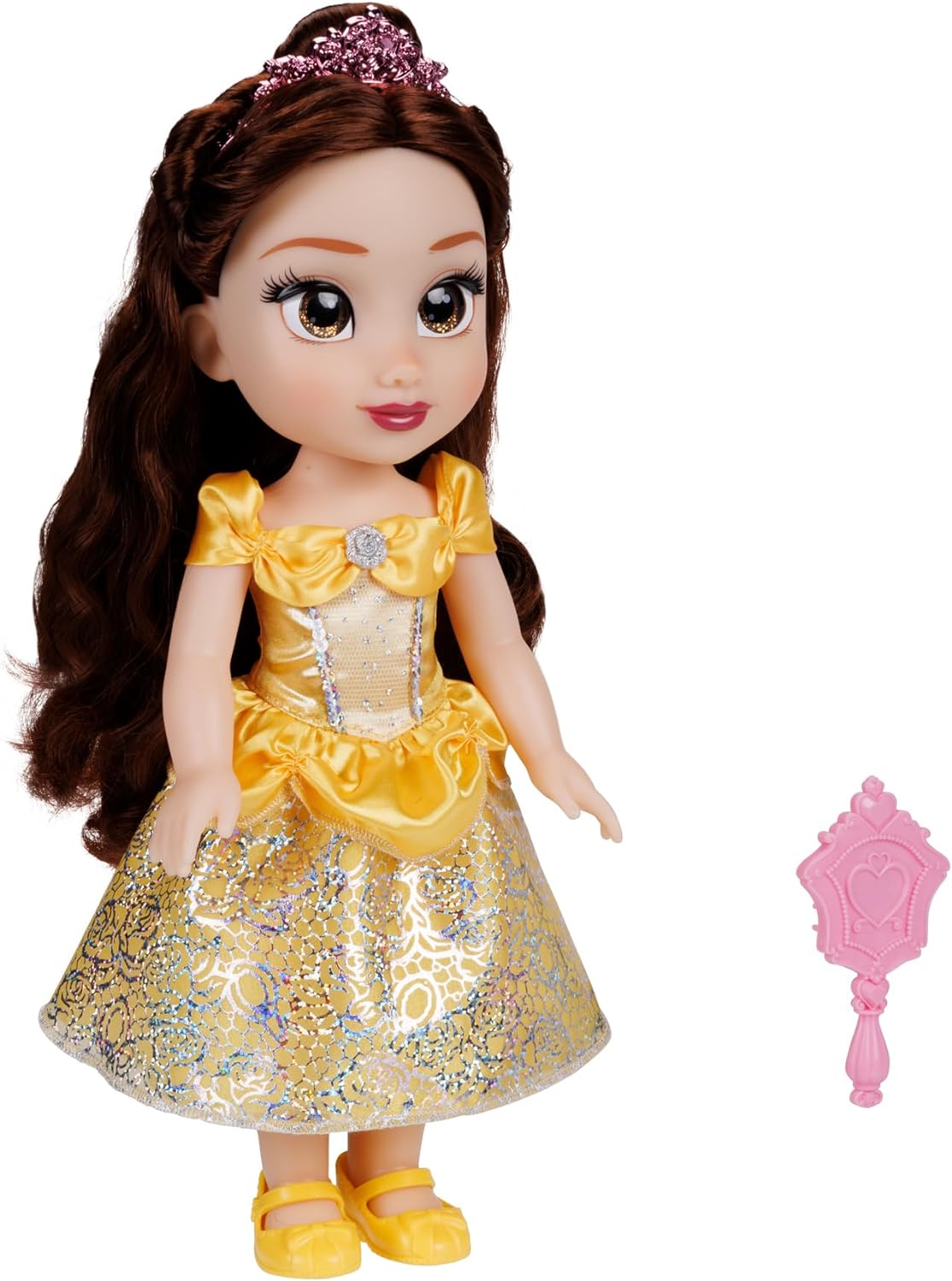 Disney Princess Belle Doll, 14” / 35cm Tall Doll with Royal Reflection Eyes Includes Shimmery Platinum Holofoil Printed Removable Dress, Shoes, Tiara and Brush. Perfect for Girls Ages 3+