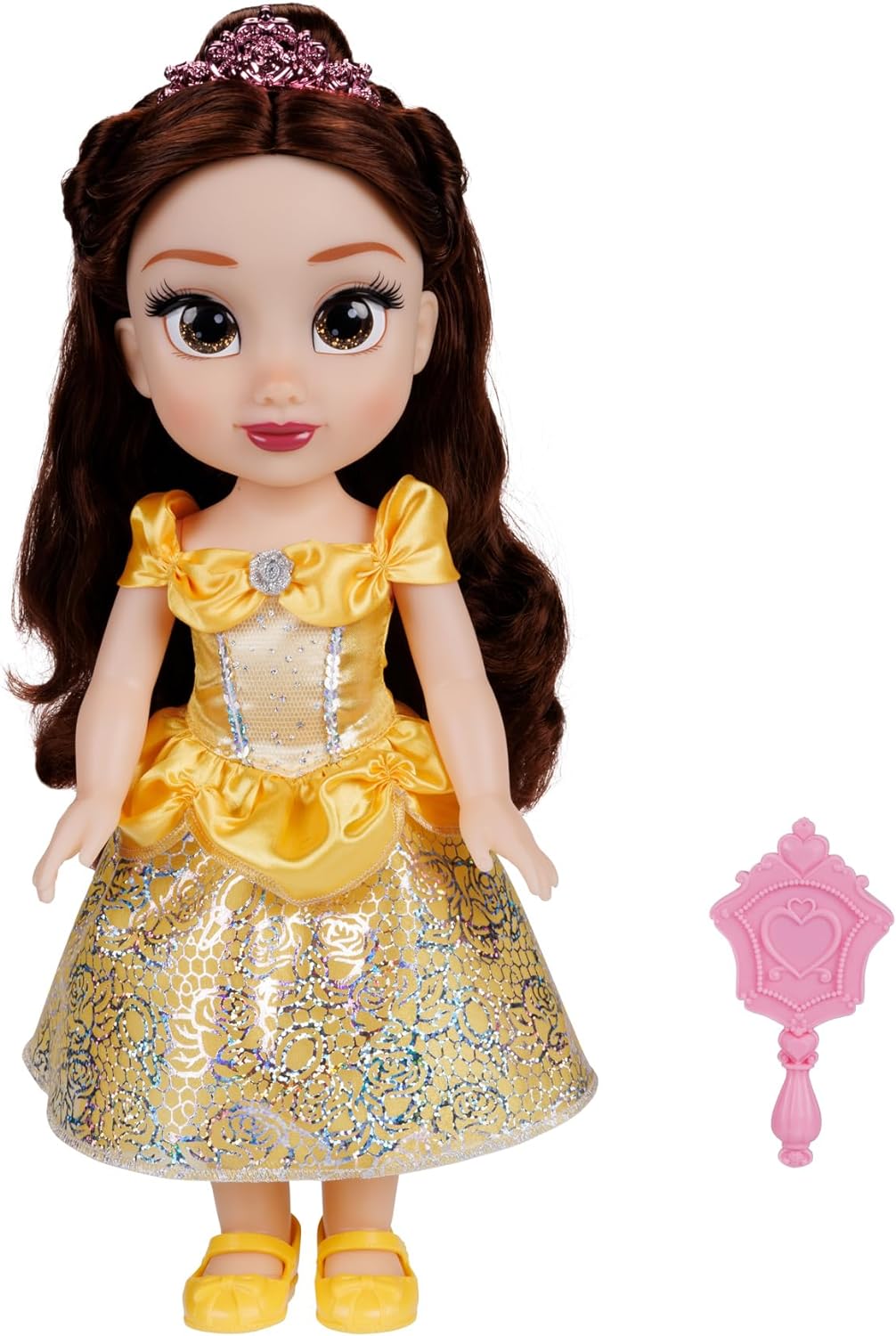 Disney Princess Belle Doll, 14” / 35cm Tall Doll with Royal Reflection Eyes Includes Shimmery Platinum Holofoil Printed Removable Dress, Shoes, Tiara and Brush. Perfect for Girls Ages 3+