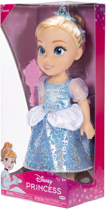 Disney Princess – bambola 38 cm di Cenerentola, con i suoi abiti iconici arricchiti da dettagli glitterati, tiara scintillante e scarpette coordinate, i suoi occhi brillano