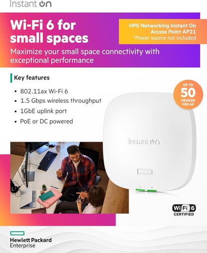 HPE Networking Instant On Access Point AP21 2x2 WiFi 6 Indoor Wireless Access Point | Single-Room, Secure, Smart Mesh Support | Power Source Not Included | RW rest-of-world Model (S1T09A