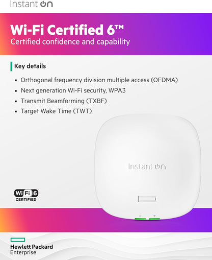 HPE Networking Instant On Access Point AP21 2x2 WiFi 6 Indoor Wireless Access Point | Single-Room, Secure, Smart Mesh Support | Power Source Not Included | RW rest-of-world Model (S1T09A