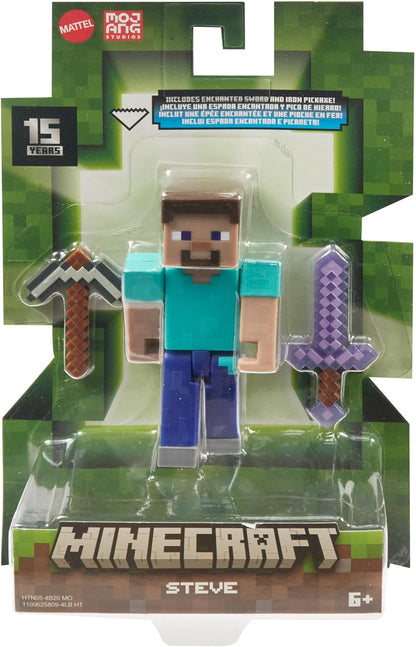 Mattel Minecraft Figura de acción Steve con espada encantada y pico de hierro, juguete +6 años (HTN05