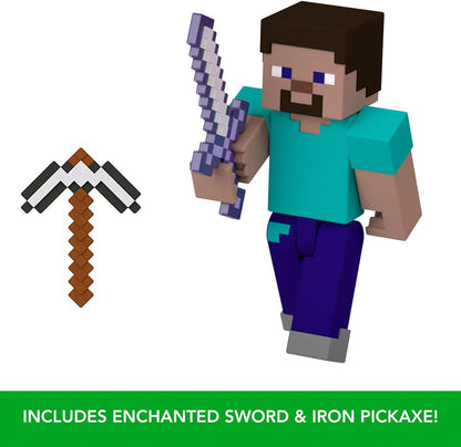 Mattel Minecraft Figura de acción Steve con espada encantada y pico de hierro, juguete +6 años (HTN05