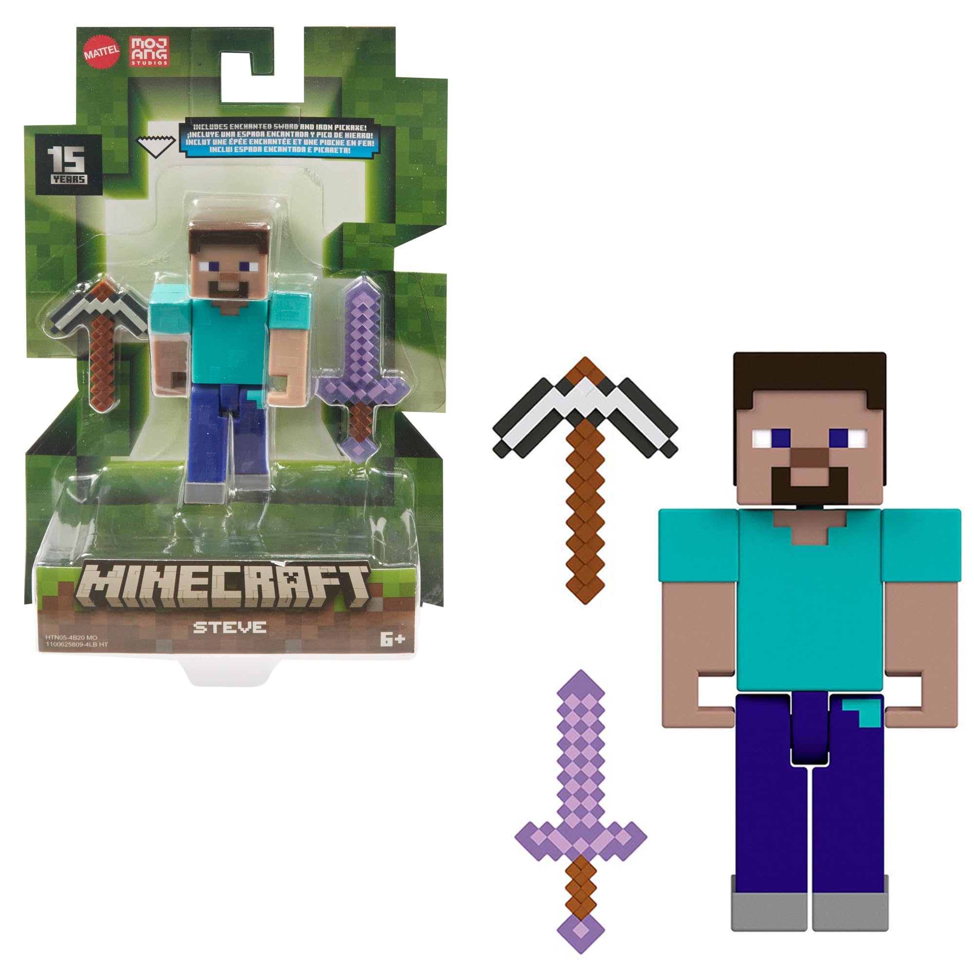 Mattel Minecraft Figura de acción Steve con espada encantada y pico de hierro, juguete +6 años (HTN05