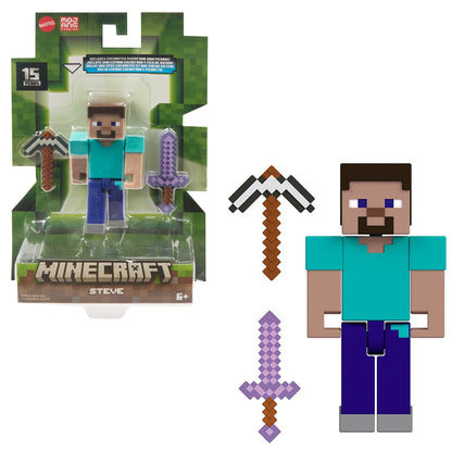 Mattel Minecraft Figura de acción Steve con espada encantada y pico de hierro, juguete +6 años (HTN05