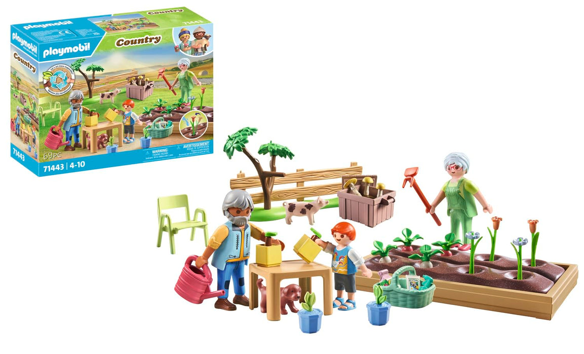 Playmobil 71443 Country: Vegetable Garden with Grandparents , including flower bed, watering can and garden tools, fun imaginative role-play, sustainable play sets suitable for children ages 4+