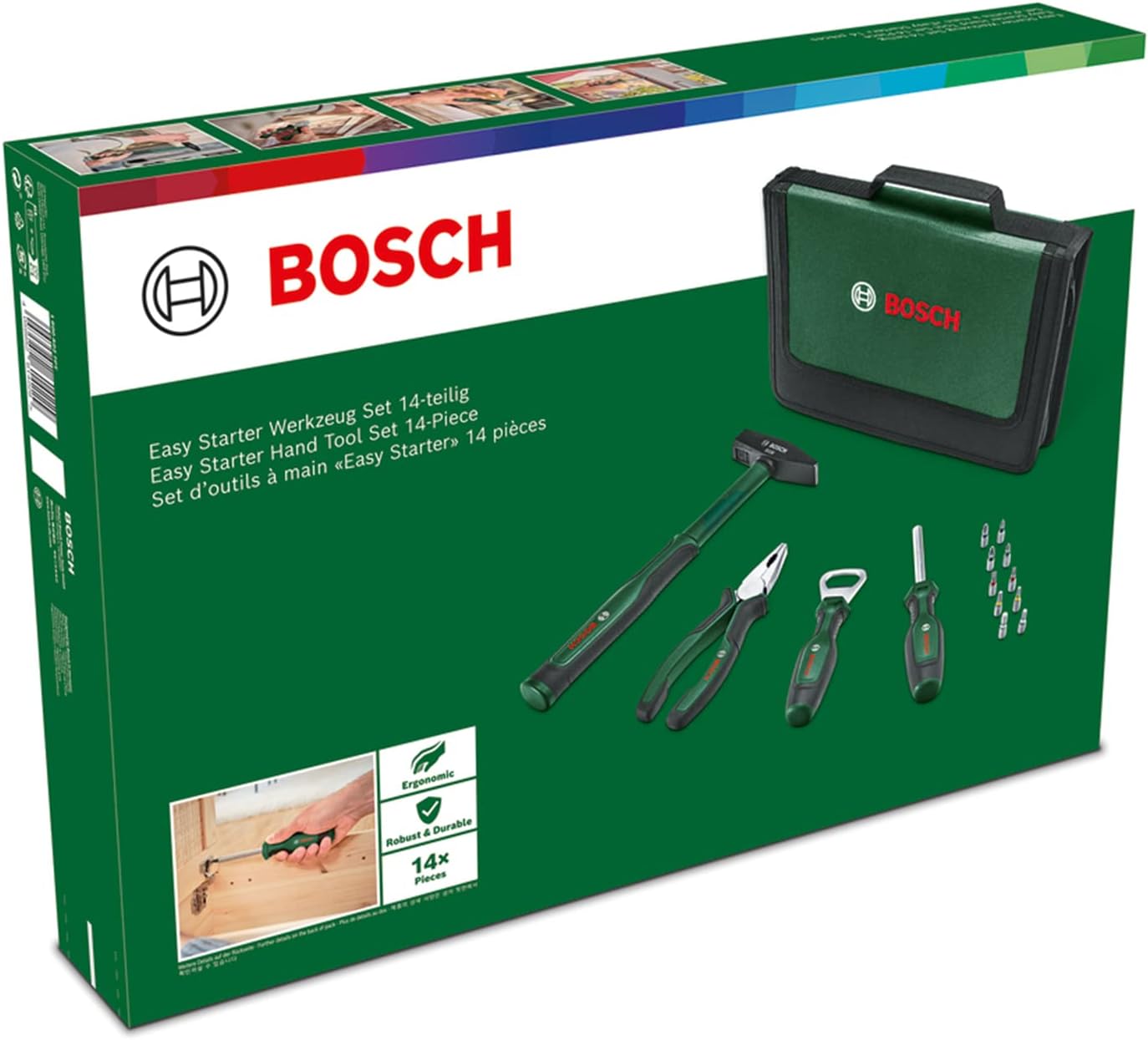 Bosch Home and Garden Easy Starter Hand Tool Set 14-Piece (Starter Tool Kit for Basic Household and DIY Tasks; Combination Pliers, Screwdriver, Bottle Opener, Hammer; 10 Bits
