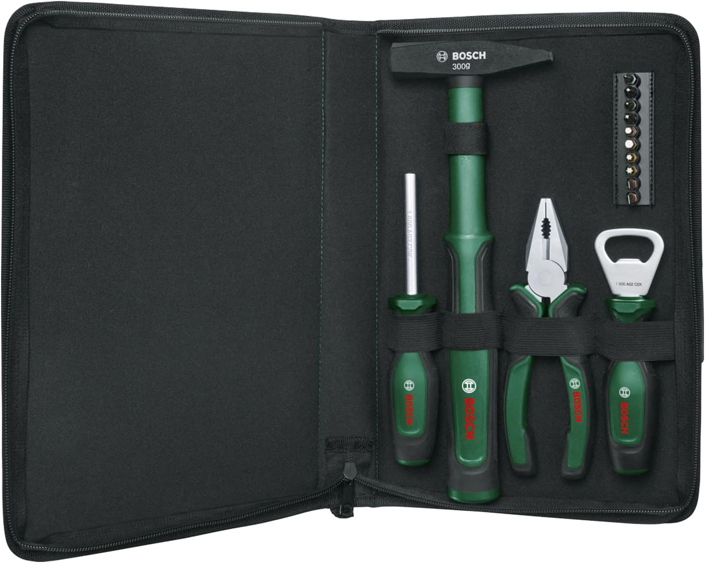 Bosch Home and Garden Easy Starter Hand Tool Set 14-Piece (Starter Tool Kit for Basic Household and DIY Tasks; Combination Pliers, Screwdriver, Bottle Opener, Hammer; 10 Bits