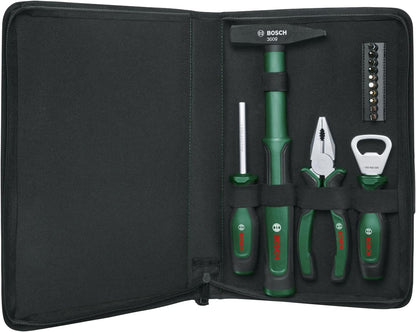 Bosch Home and Garden Easy Starter Hand Tool Set 14-Piece (Starter Tool Kit for Basic Household and DIY Tasks; Combination Pliers, Screwdriver, Bottle Opener, Hammer; 10 Bits