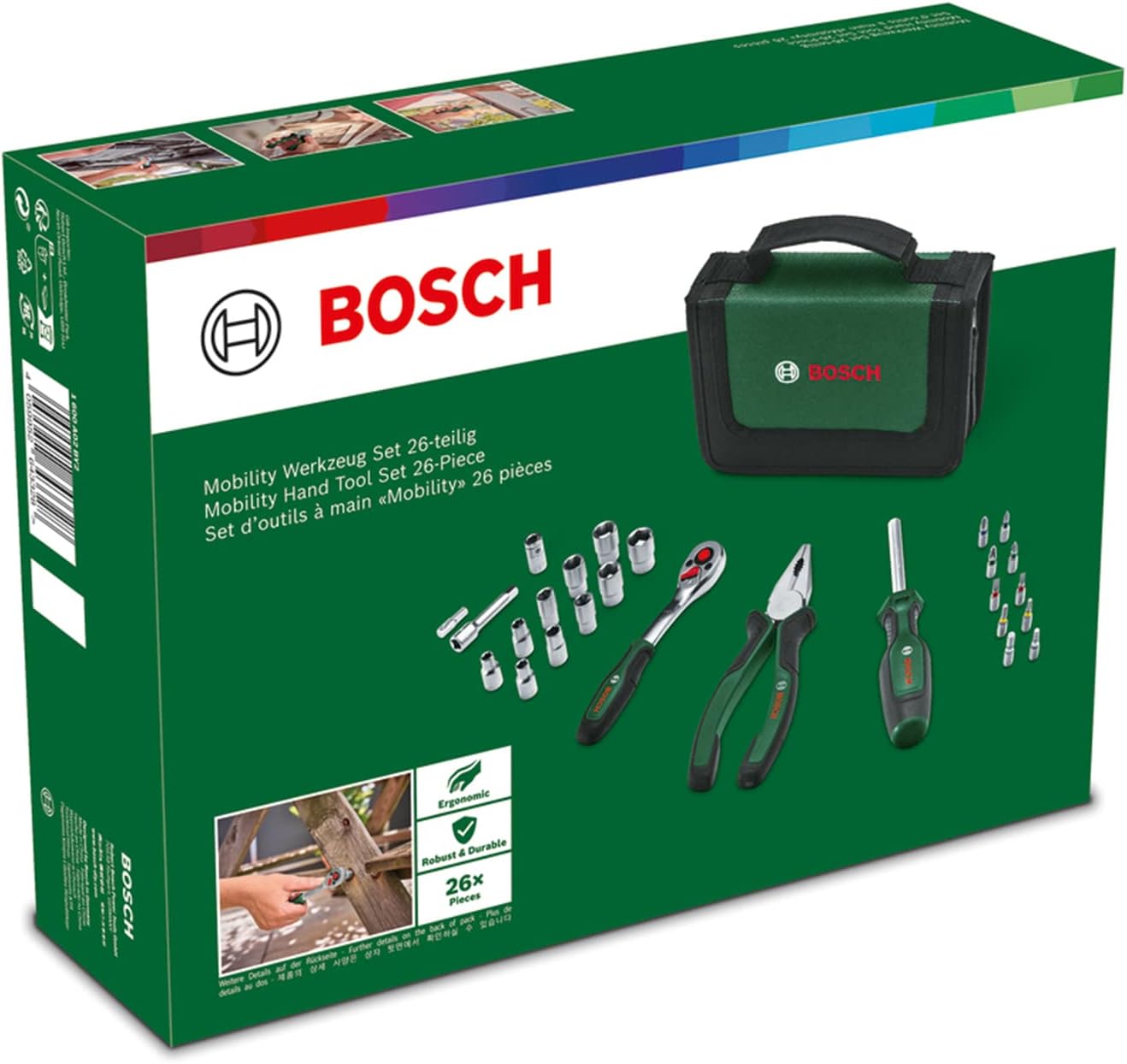 Bosch Home and Garden Mobility Hand Tool Set 26-Piece (Compact and Portable Tool Kit for DIY Tasks; Optimal Choice on The Road; 1/4 Ratchet; Combination Pliers; Universal Screwdriver; in Fabric Bag