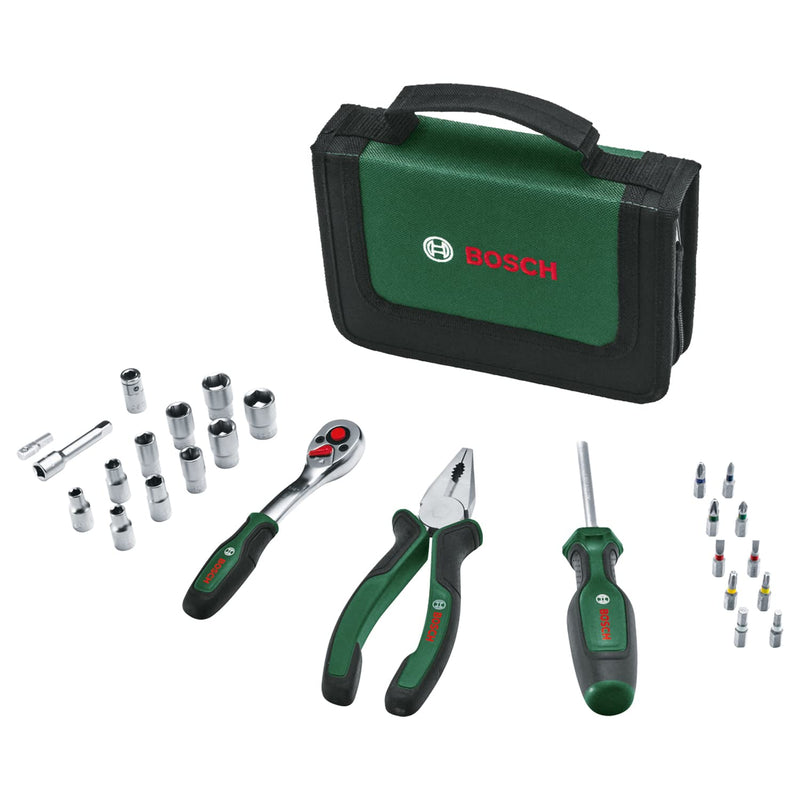 Bosch Home and Garden Mobility Hand Tool Set 26-Piece (Compact and Portable Tool Kit for DIY Tasks; Optimal Choice on The Road; 1/4 Ratchet; Combination Pliers; Universal Screwdriver; in Fabric Bag