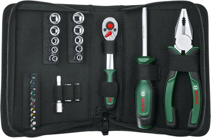 Bosch Home and Garden Mobility Hand Tool Set 26-Piece (Compact and Portable Tool Kit for DIY Tasks; Optimal Choice on The Road; 1/4 Ratchet; Combination Pliers; Universal Screwdriver; in Fabric Bag