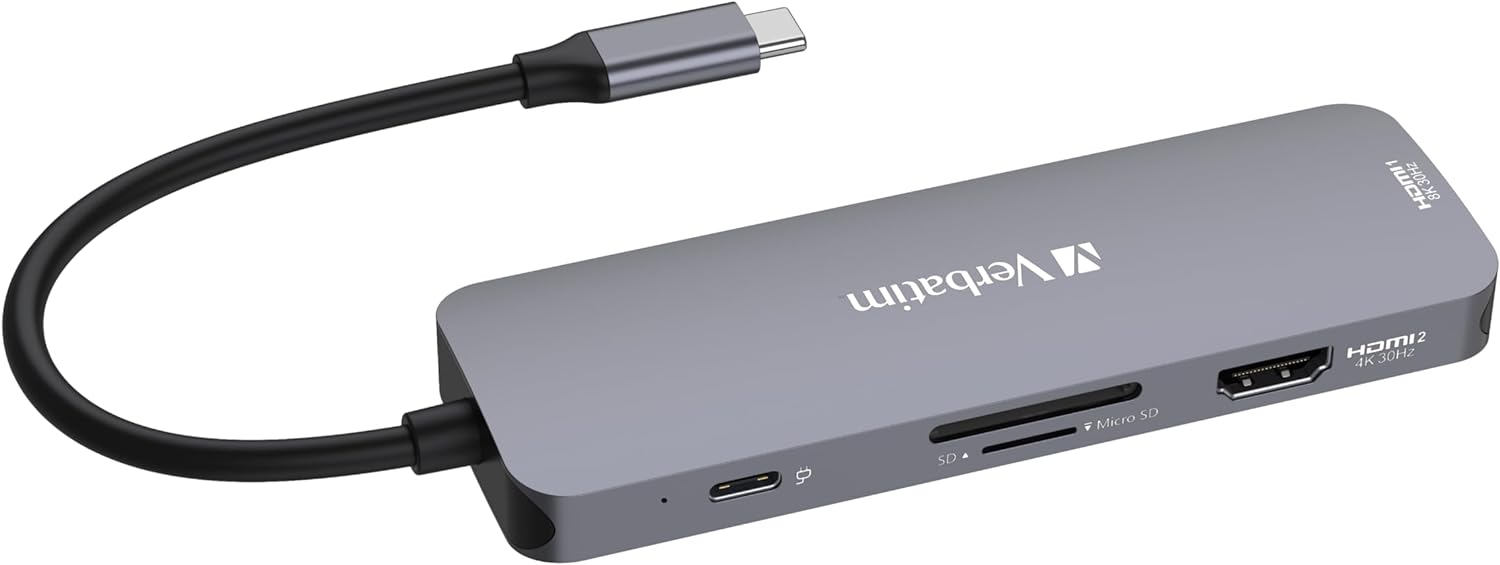Verbatim USB-C Pro Multiport Hub 8-in-1, Multiport Adapter USB-C to HDMI, USB-A and USB-C PD, microSD & SD Card Reader, for Mac, MacBook Pro/Air, iPad Pro, Thinkpad, Windows Computer, Laptop and Co