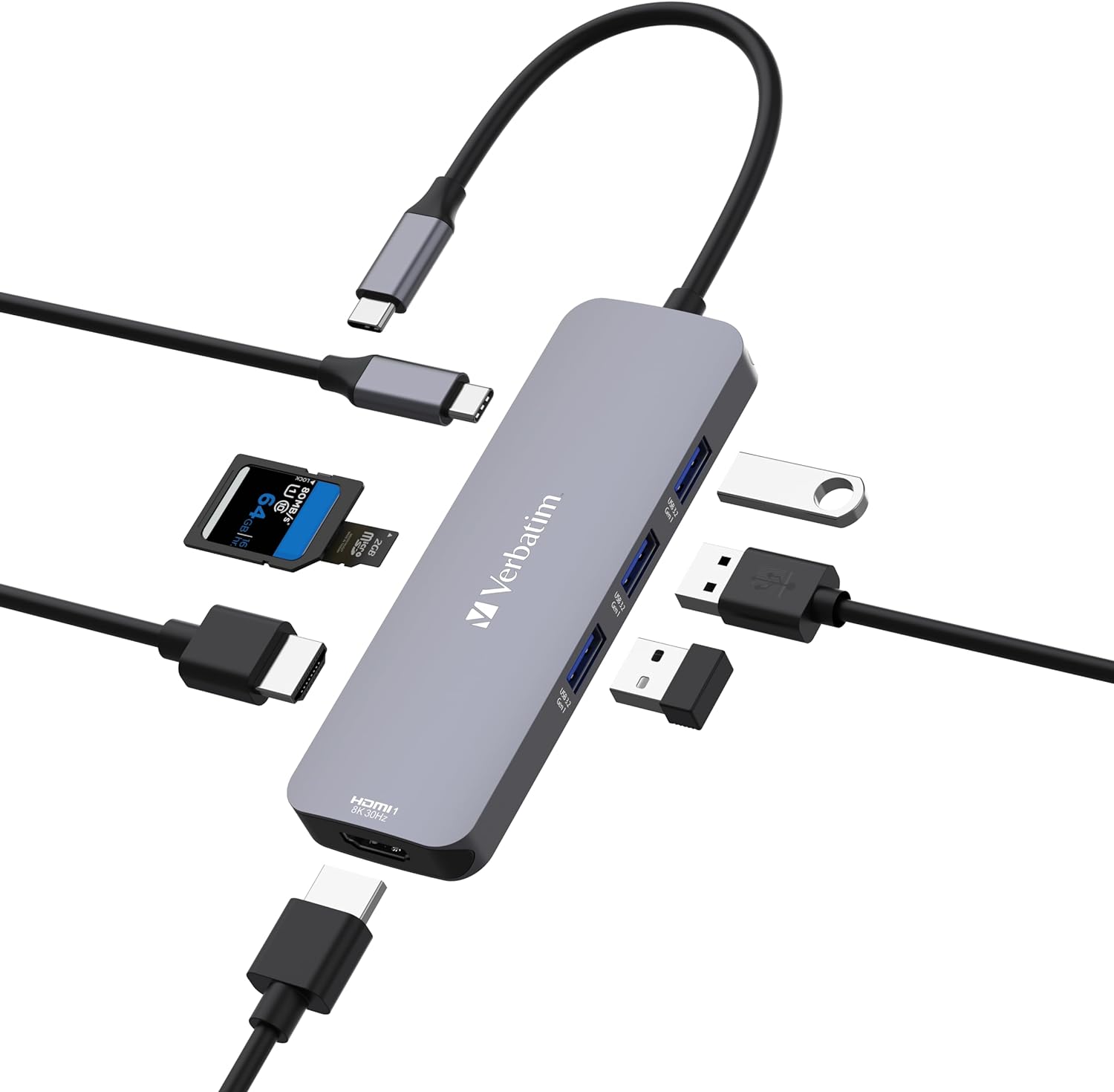 Verbatim USB-C Pro Multiport Hub 8-in-1, Multiport Adapter USB-C to HDMI, USB-A and USB-C PD, microSD & SD Card Reader, for Mac, MacBook Pro/Air, iPad Pro, Thinkpad, Windows Computer, Laptop and Co
