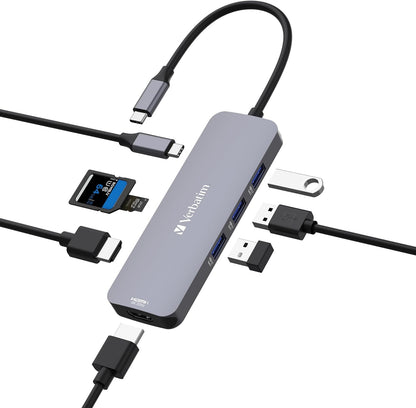 Verbatim USB-C Pro Multiport Hub 8-in-1, Multiport Adapter USB-C to HDMI, USB-A and USB-C PD, microSD & SD Card Reader, for Mac, MacBook Pro/Air, iPad Pro, Thinkpad, Windows Computer, Laptop and Co